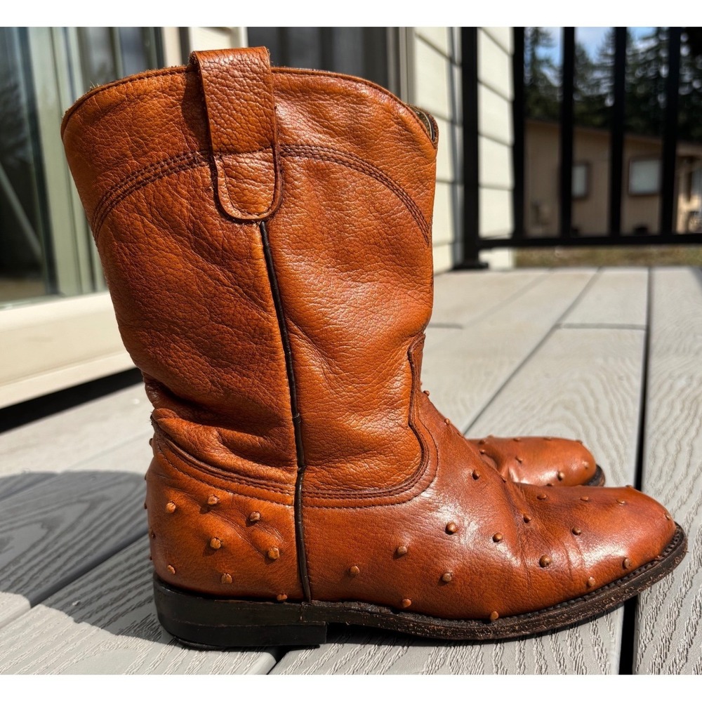 Cowboy‎ Western Ostrich Print Leather Pull On Boots Outdoor Work Women's Size 7